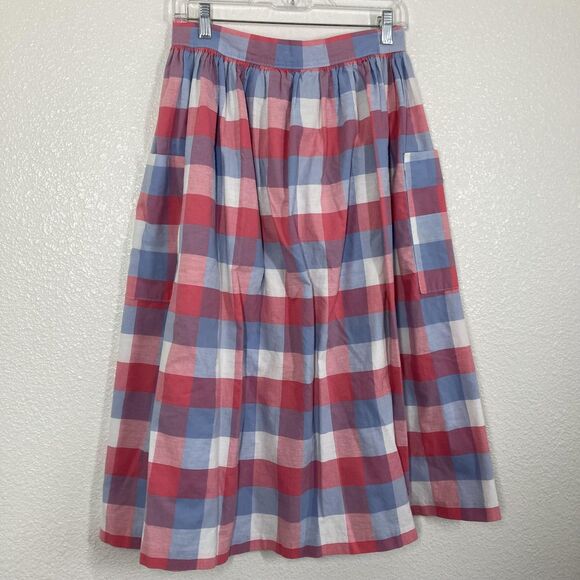 Vintage Russ Skirt Womens Medium Red Blue Plaid Cotton Button Front Pockets 80s - Picture 10 of 14